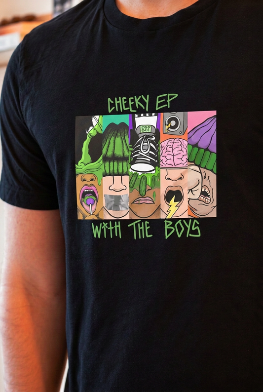 Cheeky EP artwork integrated into the shirt’s fabric and folds